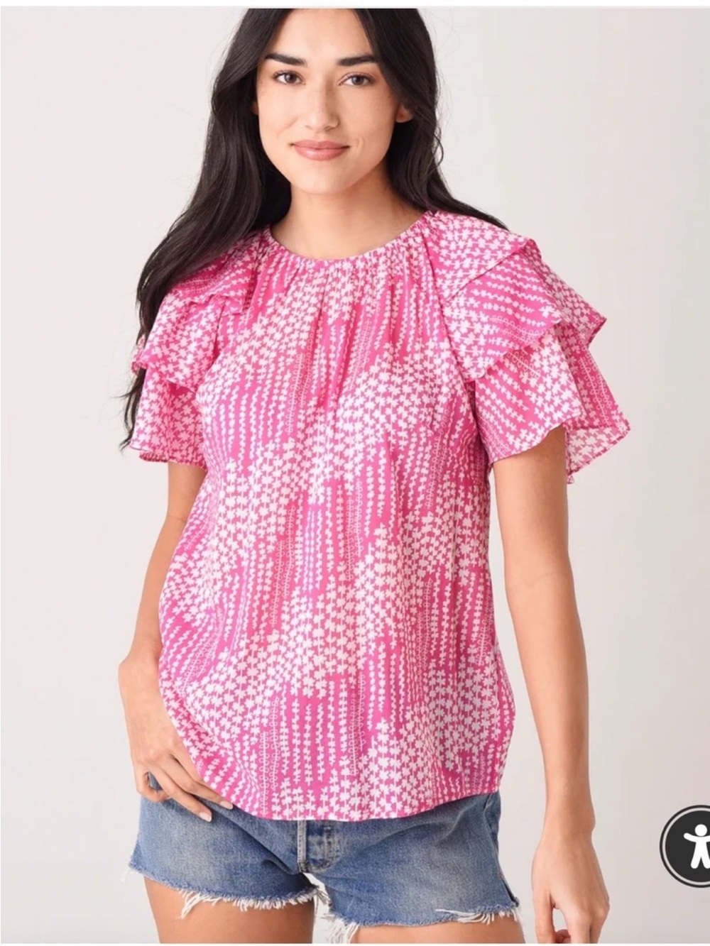 Banjanan Halo Flutter Sleeve Cotton Floral Top Pink Womens Size Large